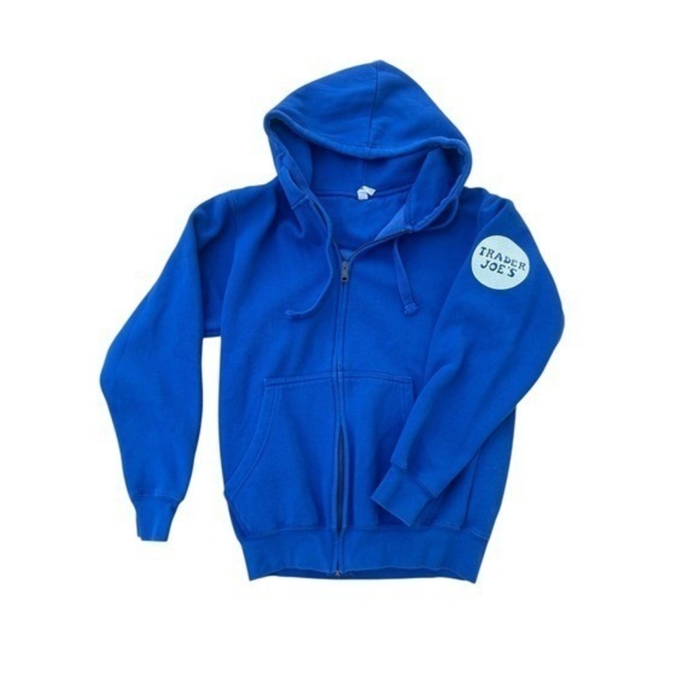 Trader Joes Employee Zip Up Hoodie Royal Blue Graphic‎ Sweatshirt